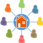 HUN network icon, people all connected, circling a home